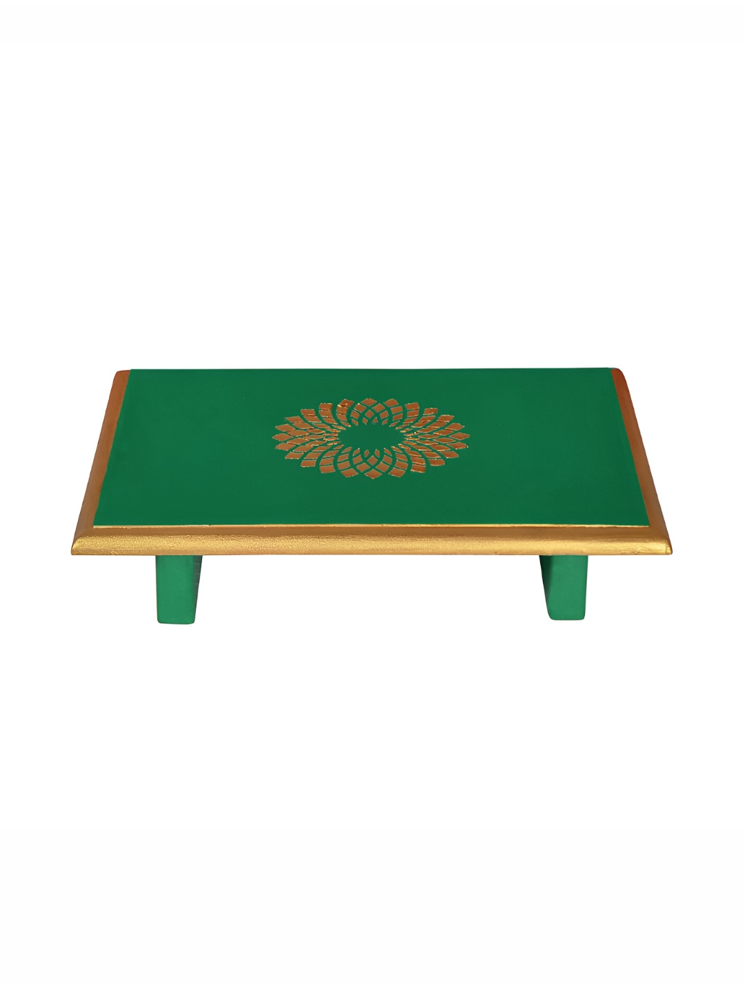 Lal Haveli Peetalu Green & Gold-Tone Wooden Pata Pooja Sitting Stool & Table