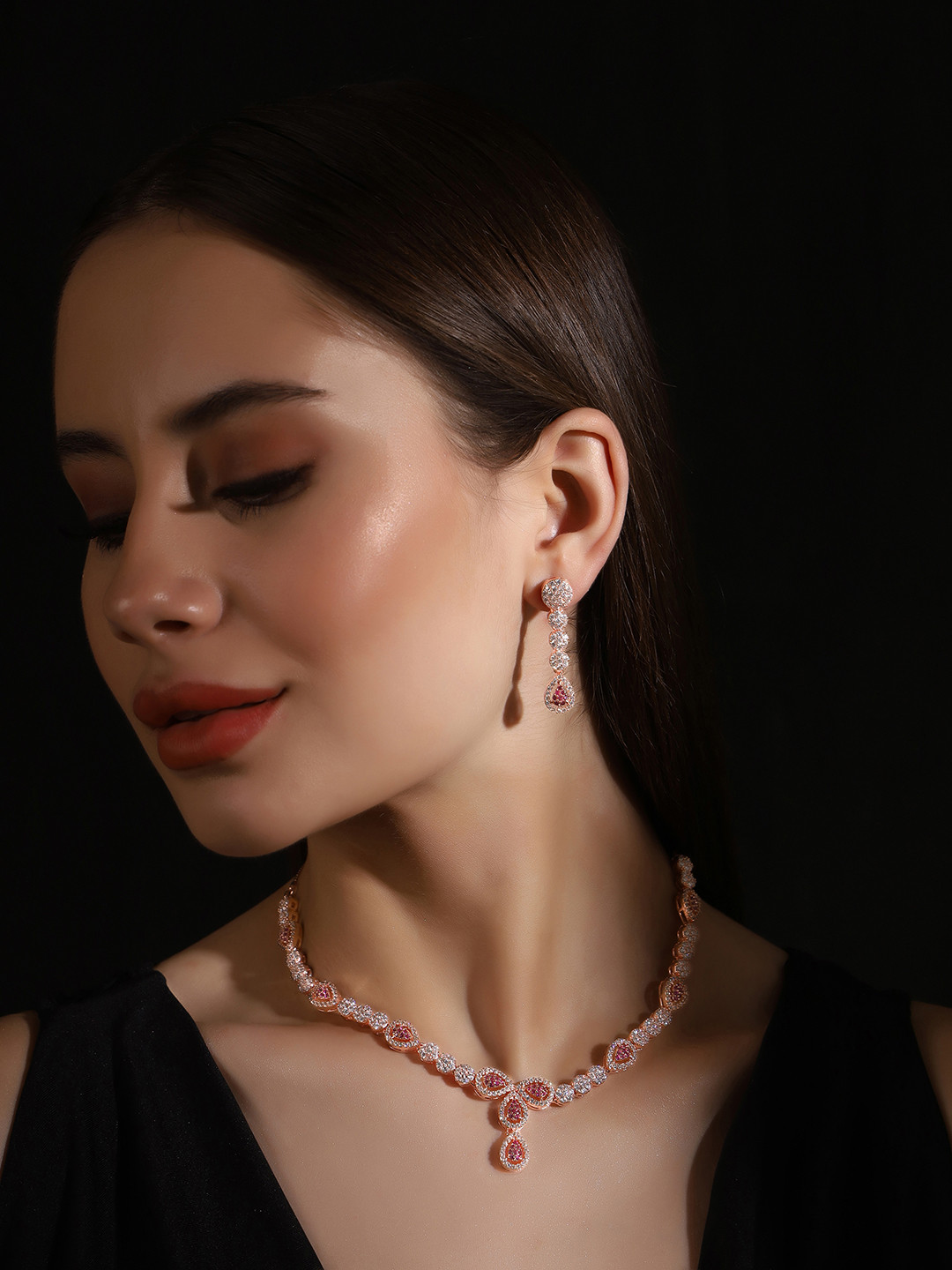 Priyaasi Rose Gold-Plated Ruby & American Diamond-studded Jewellery Set