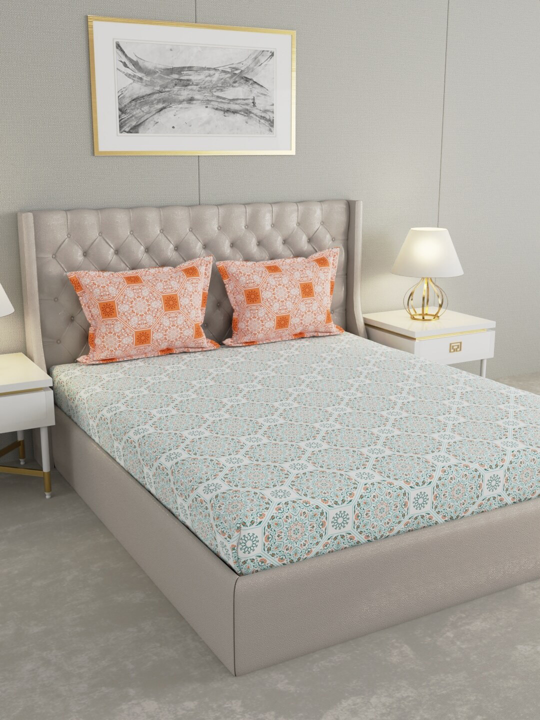 Raymond Home Camphor White Ethnic Motifs Cotton 144 TC Queen Bedsheet with 2 Pillow Covers-229 x 254 cm