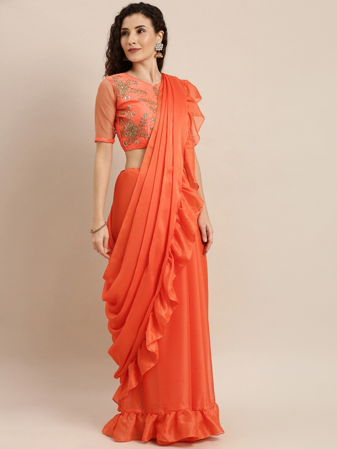 Mitera Orange Ruffles Saree
