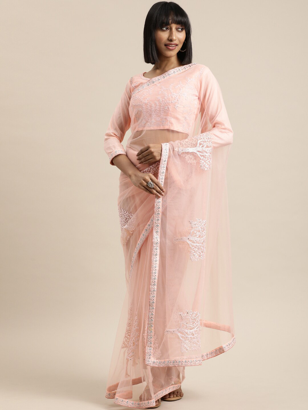 Mitera Pink Floral Embroidered Saree