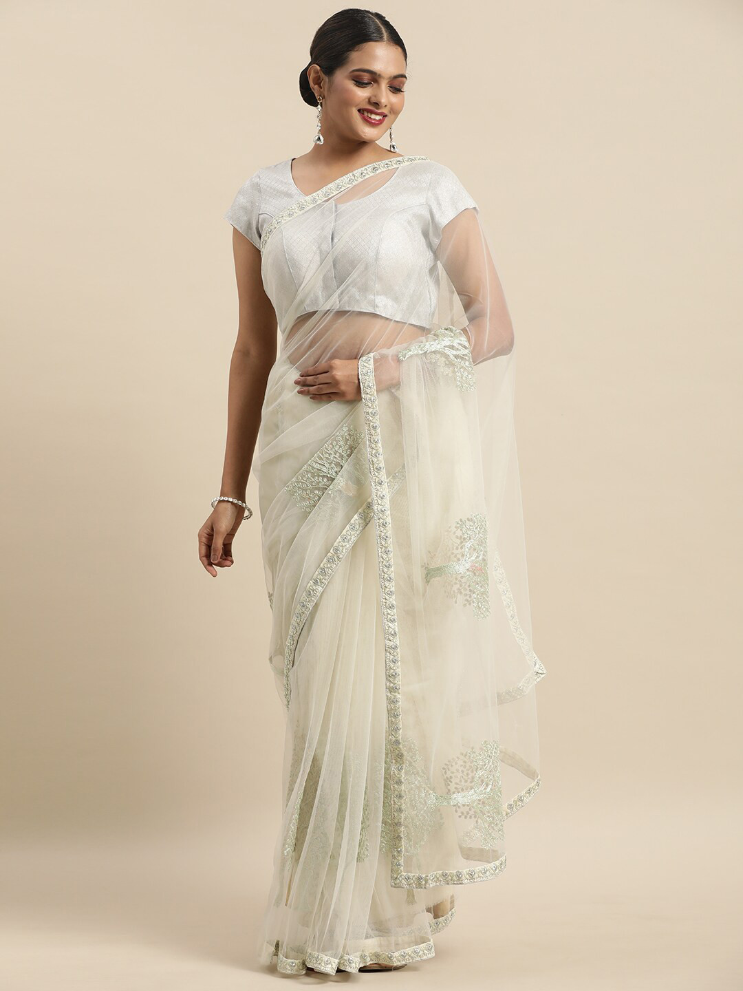 Mitera Floral Beads and Stones Georgette Saree