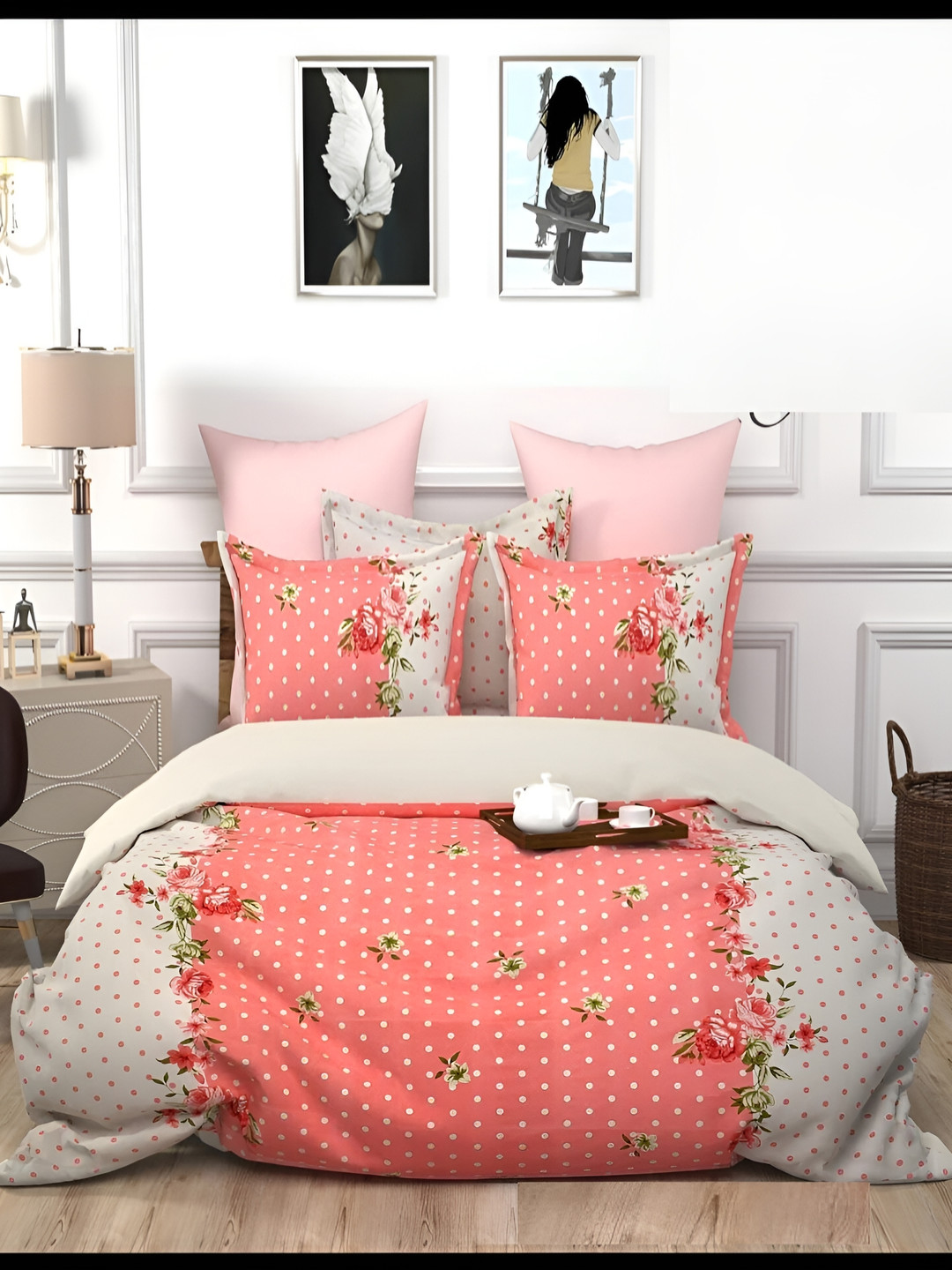 Supreme Home Collective Peach Floral Microfiber 144 TC Fitted King Bedsheet with 2 Pillow Covers-98 x 90 inches