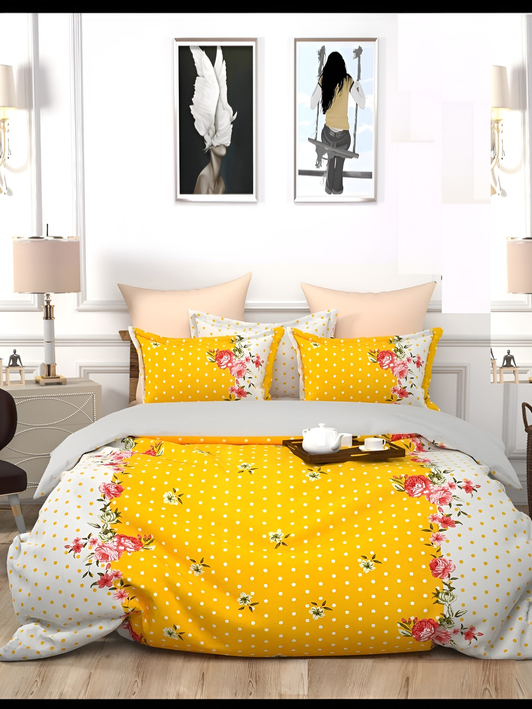 Supreme Home Collective Yellow Floral Microfiber 144 TC Fitted King Bedsheet with 2 Pillow Covers-98 x 90 inches