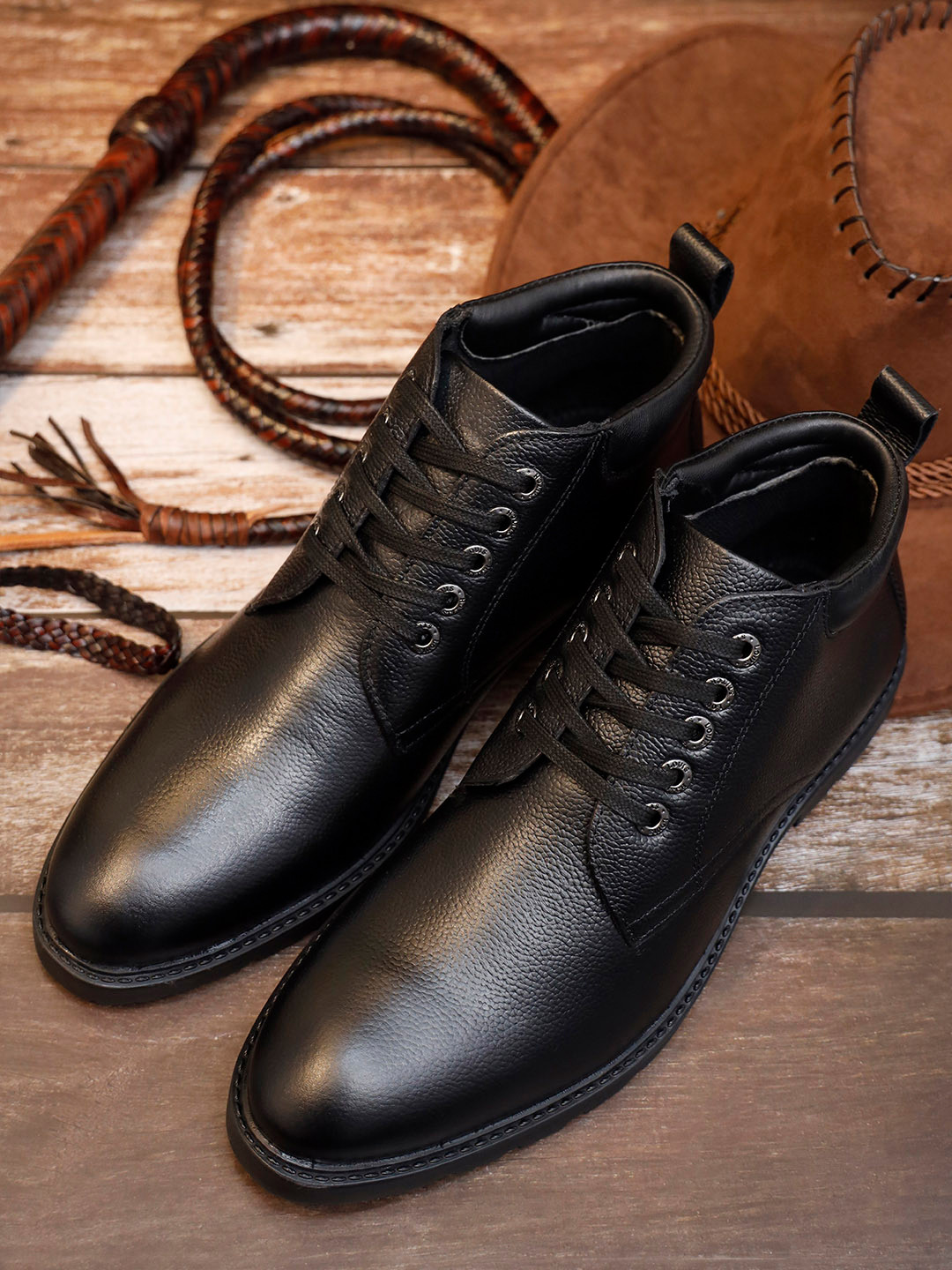 LOUIS STITCH Men Jet Black Egyptian Milled Leather Mid-Top Biker Boots