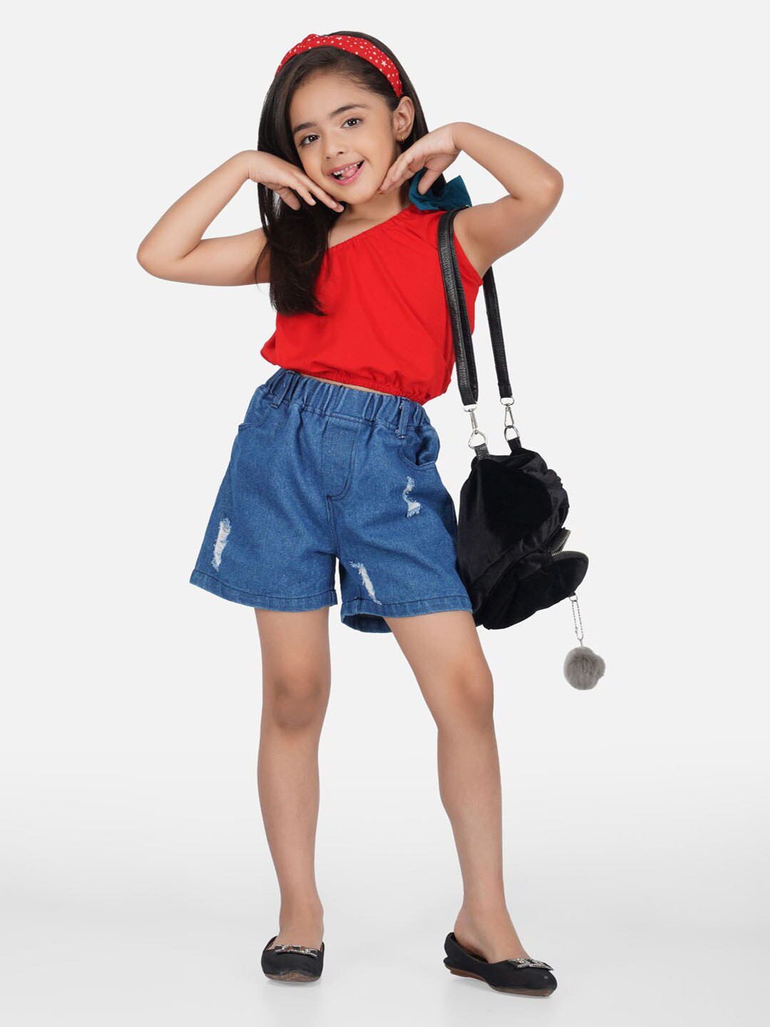 HERE&NOW Girls Red & Blue One Shoulder Pure Cotton Top with Shorts