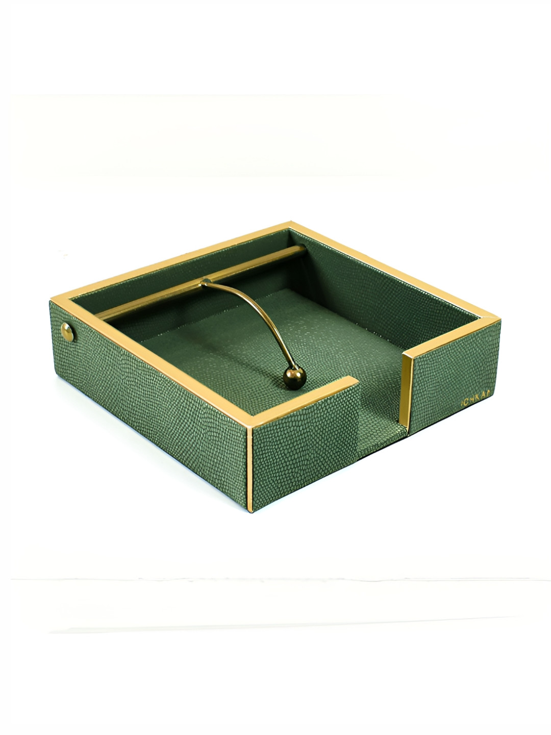 ICHKAN Serpentine Olive Green & Gold Toned Textured Leather Square Weight Tissue Holder