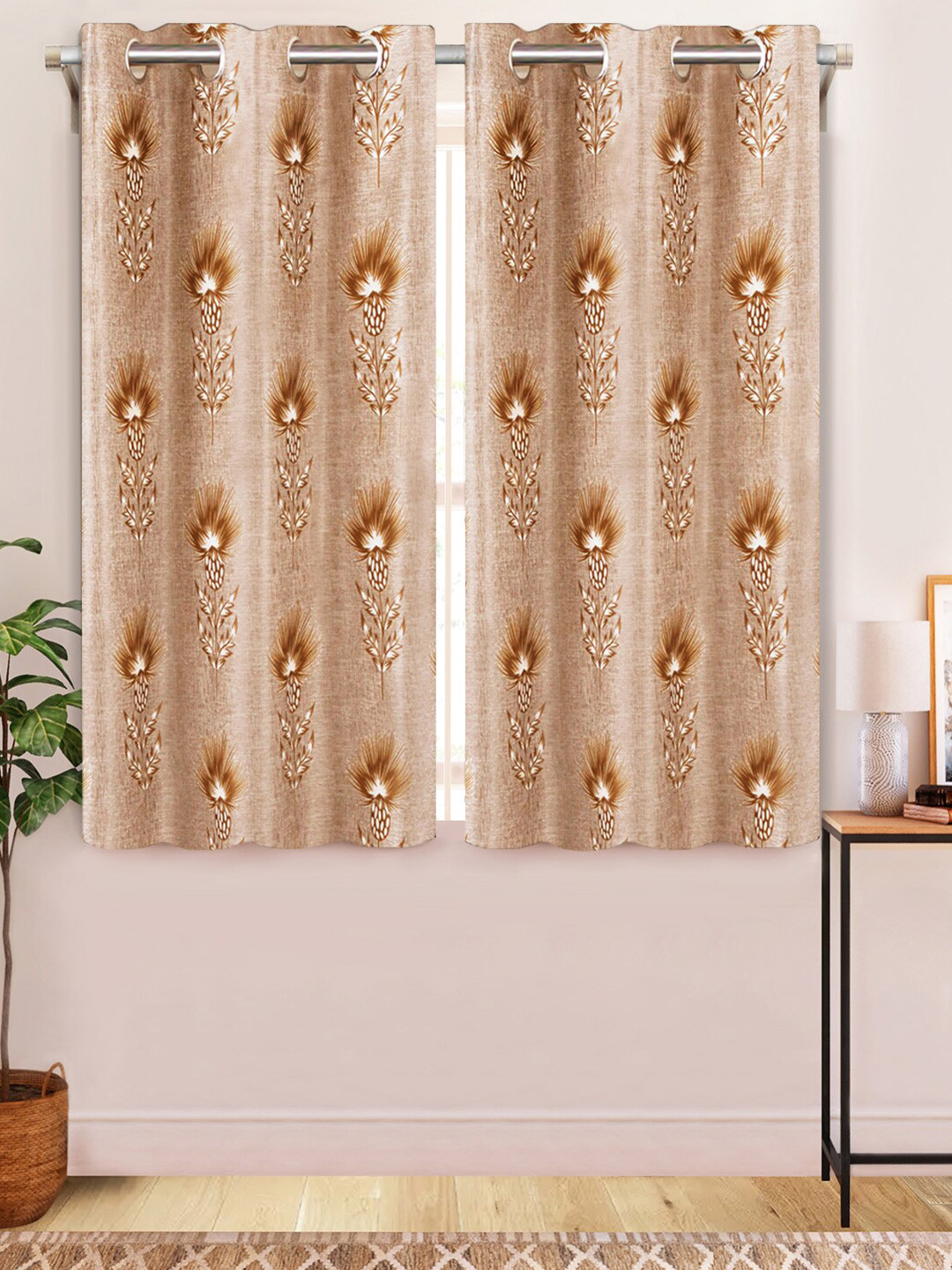 Aura Orange Coloured & White 2 Pcs Floral Printed Window Curtains
