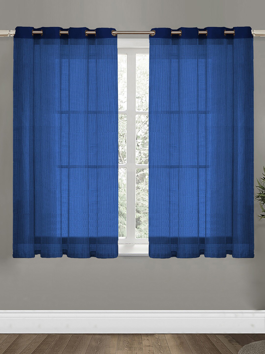 Aura Blue 2 Pcs Striped Printed Window Curtains