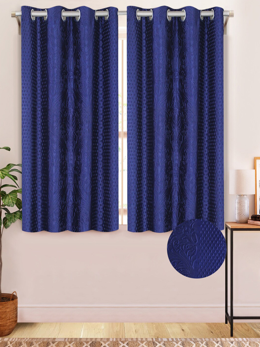 Aura Blue 2 Pcs Ethnic Motifs Textured Window Curtains