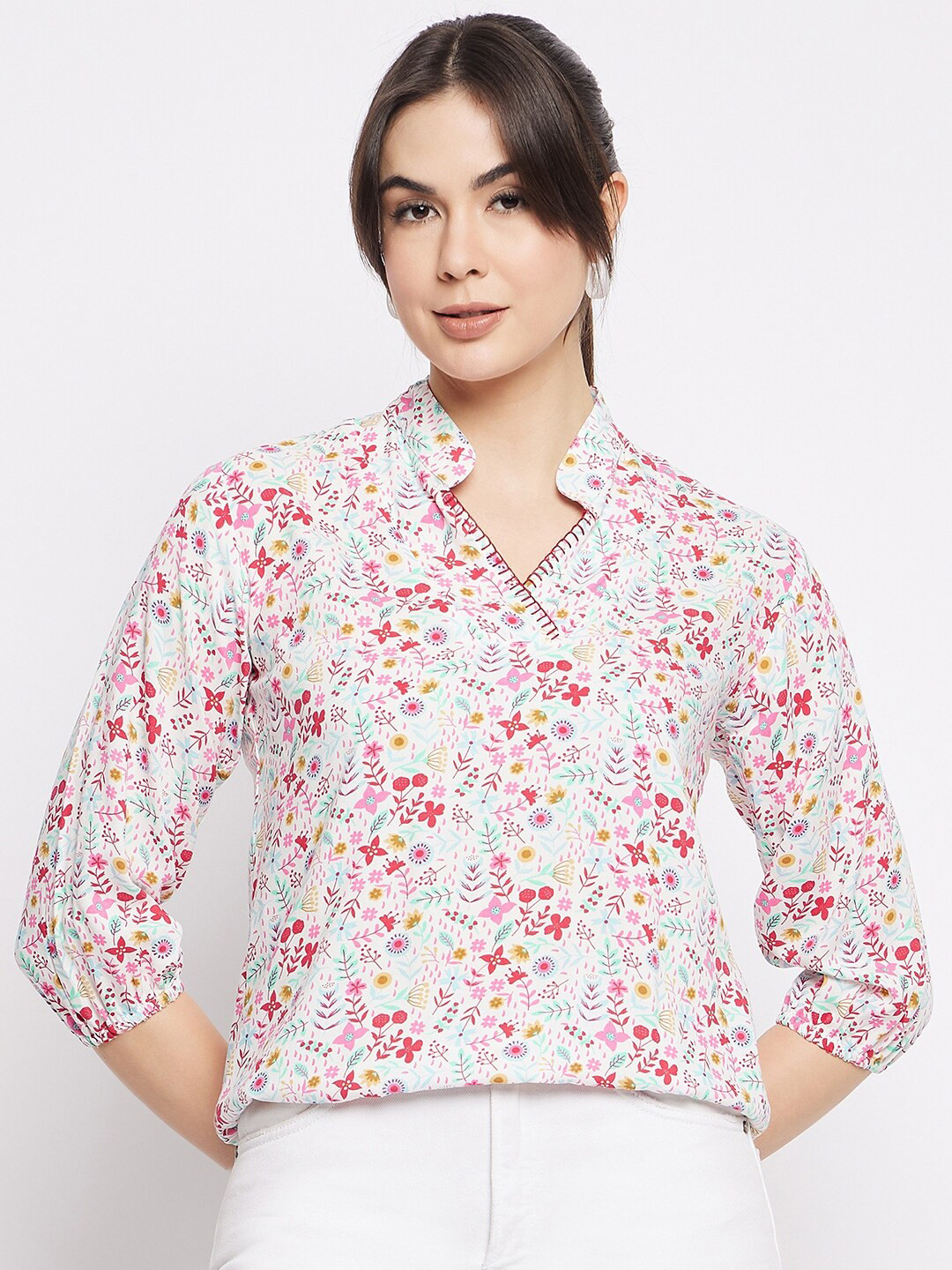 Mayra White Floral Print Band Collar Shirt Style Top