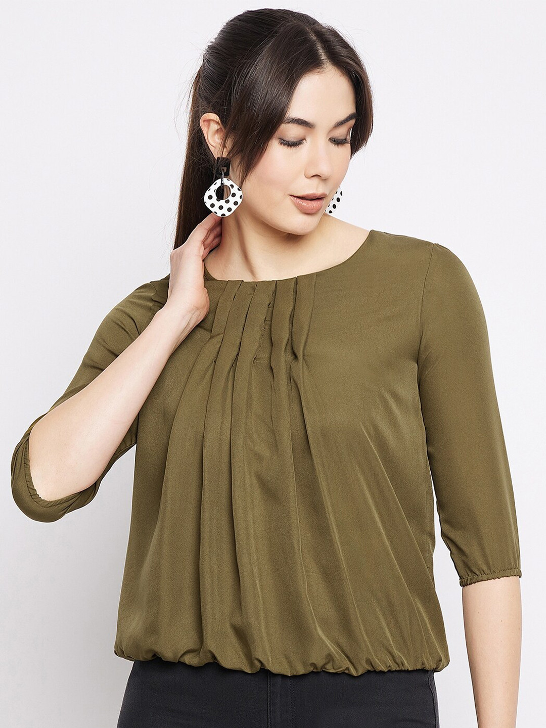 Mayra Round Neck Pleated Puff Sleeves Blouson Top