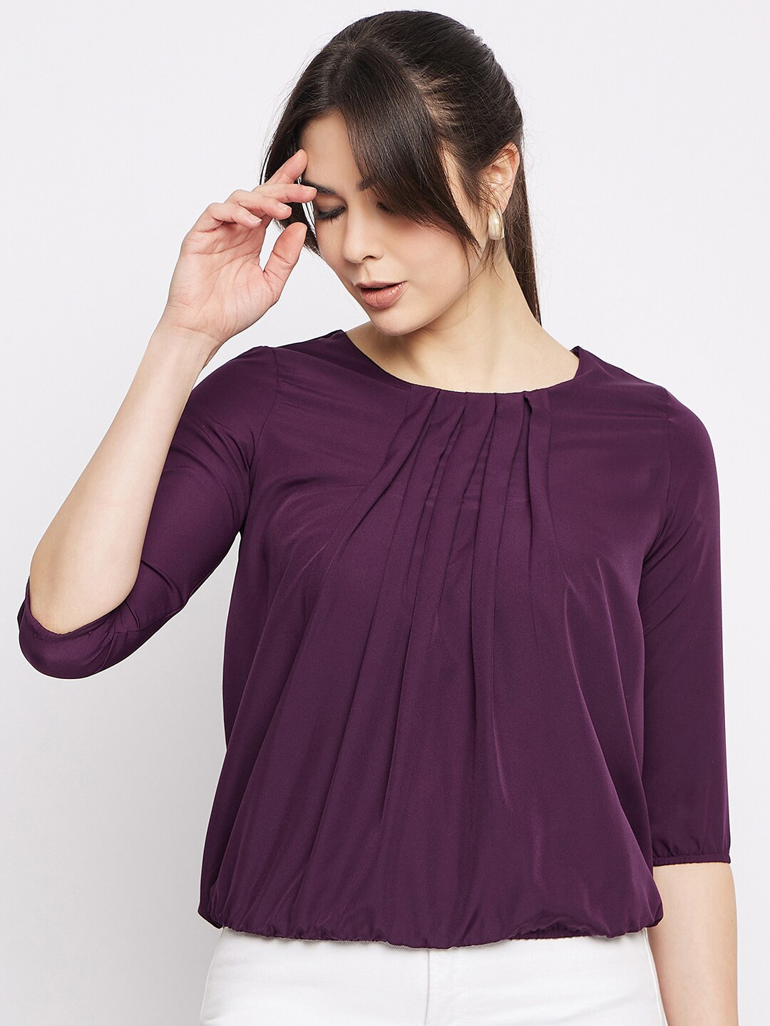 Mayra Pleated Round Neck Blouson Top