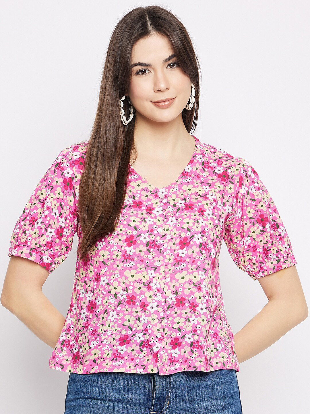 Mayra V-Neck Short Sleeves Fuchsia Floral Printed Top