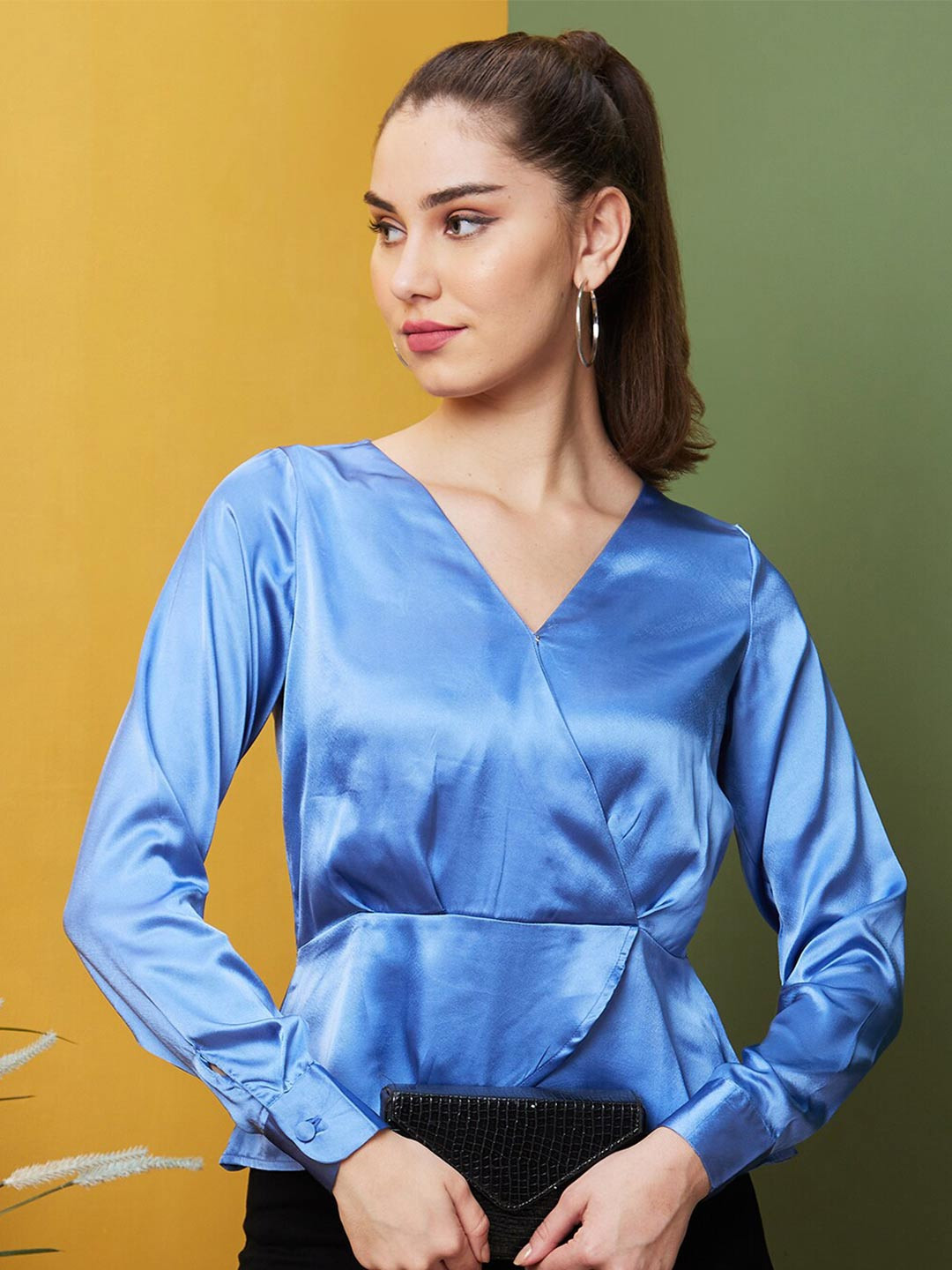 Globus Blue V-Neck Satin Wrap Top