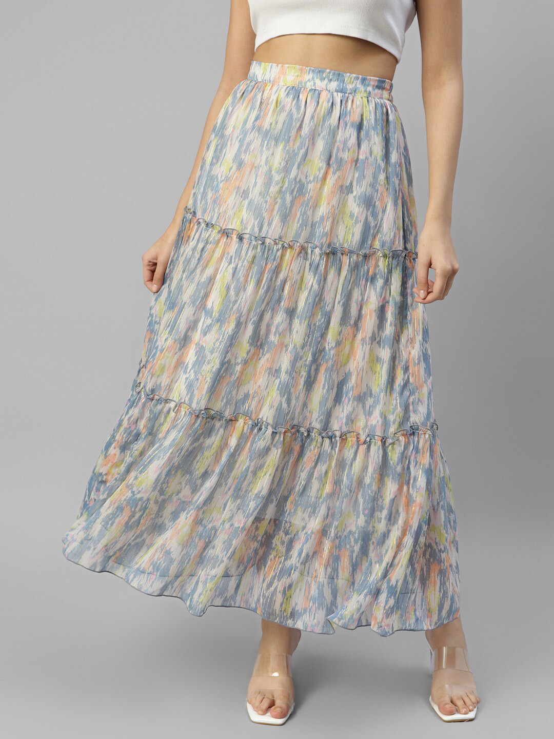 DEEBACO Abstract Printed Chiffon Tiered Maxi Skirts