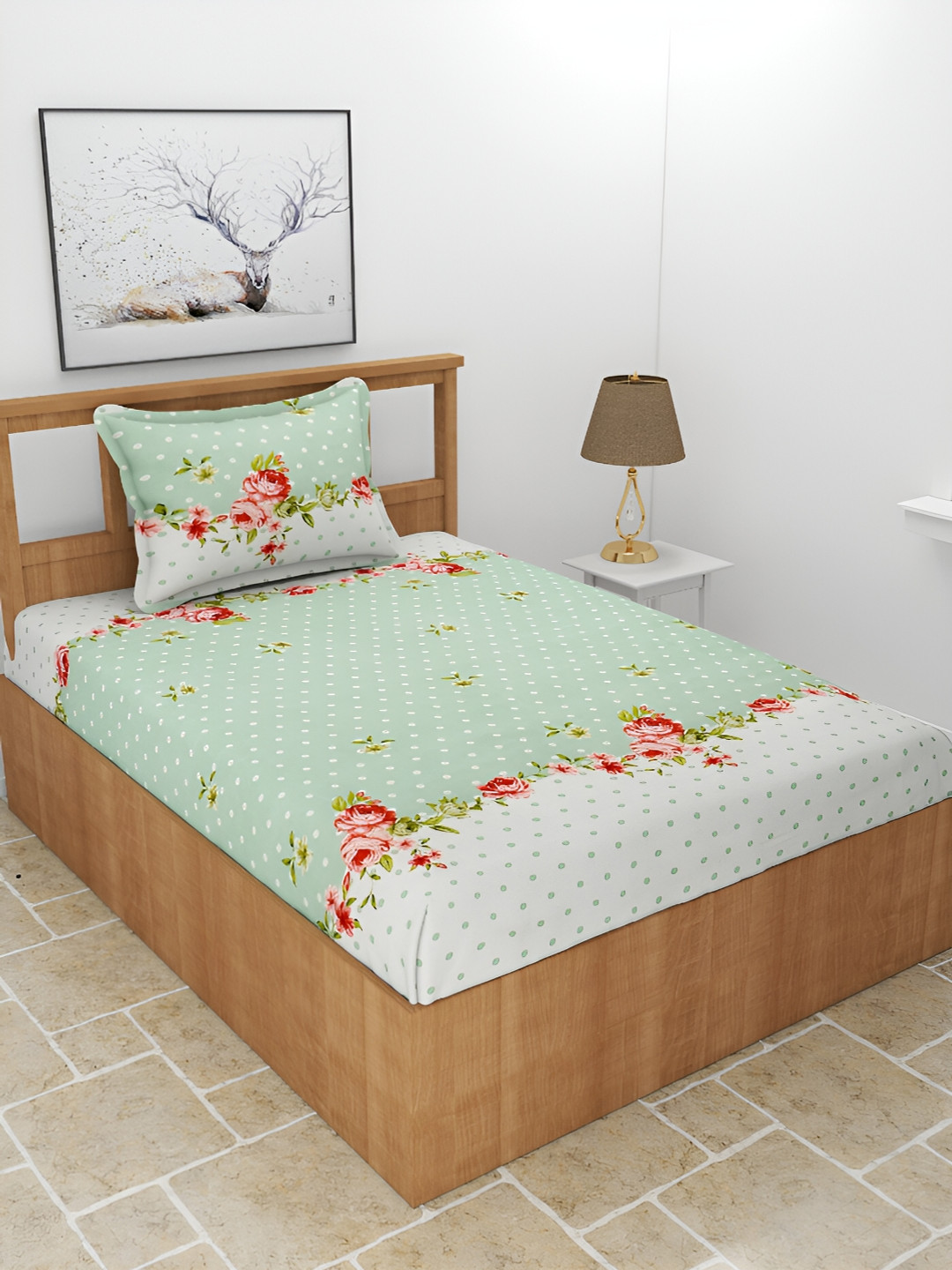 BREVARD Tulip Green Floral Polycotton 210 TC Single Fine Bedsheet with a Pillow Cover-90 x 60 inches