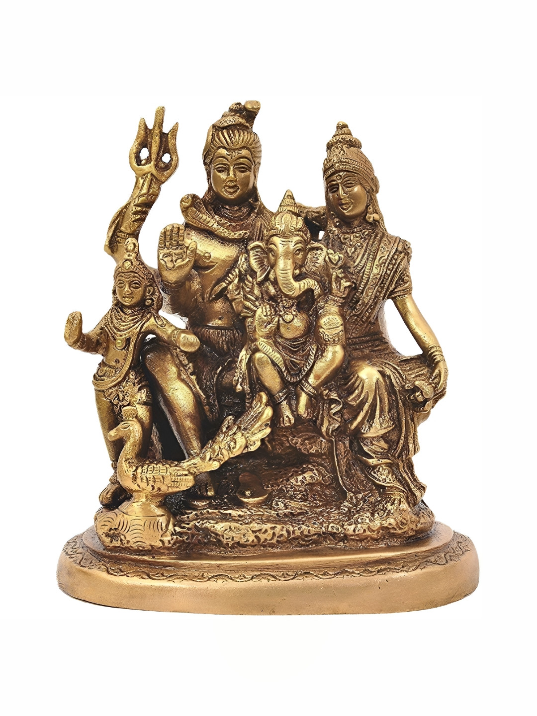 Navyaksh Lord Shiva Parvati and Ganesha Gold Brass Metallic Prayer Room Small Showpiece - 3.1 Inches