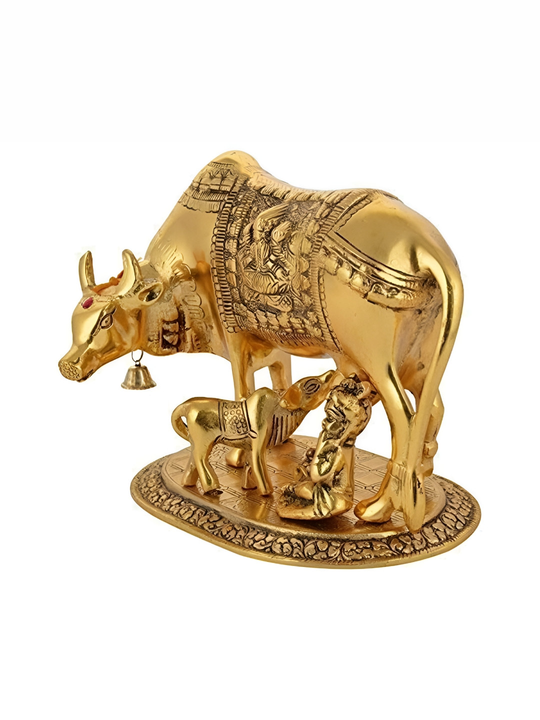 Navyaksh Kamdhenu Cow and Calf Gold Metal Metallic Home Office Small Showpiece - 3.1 Inches
