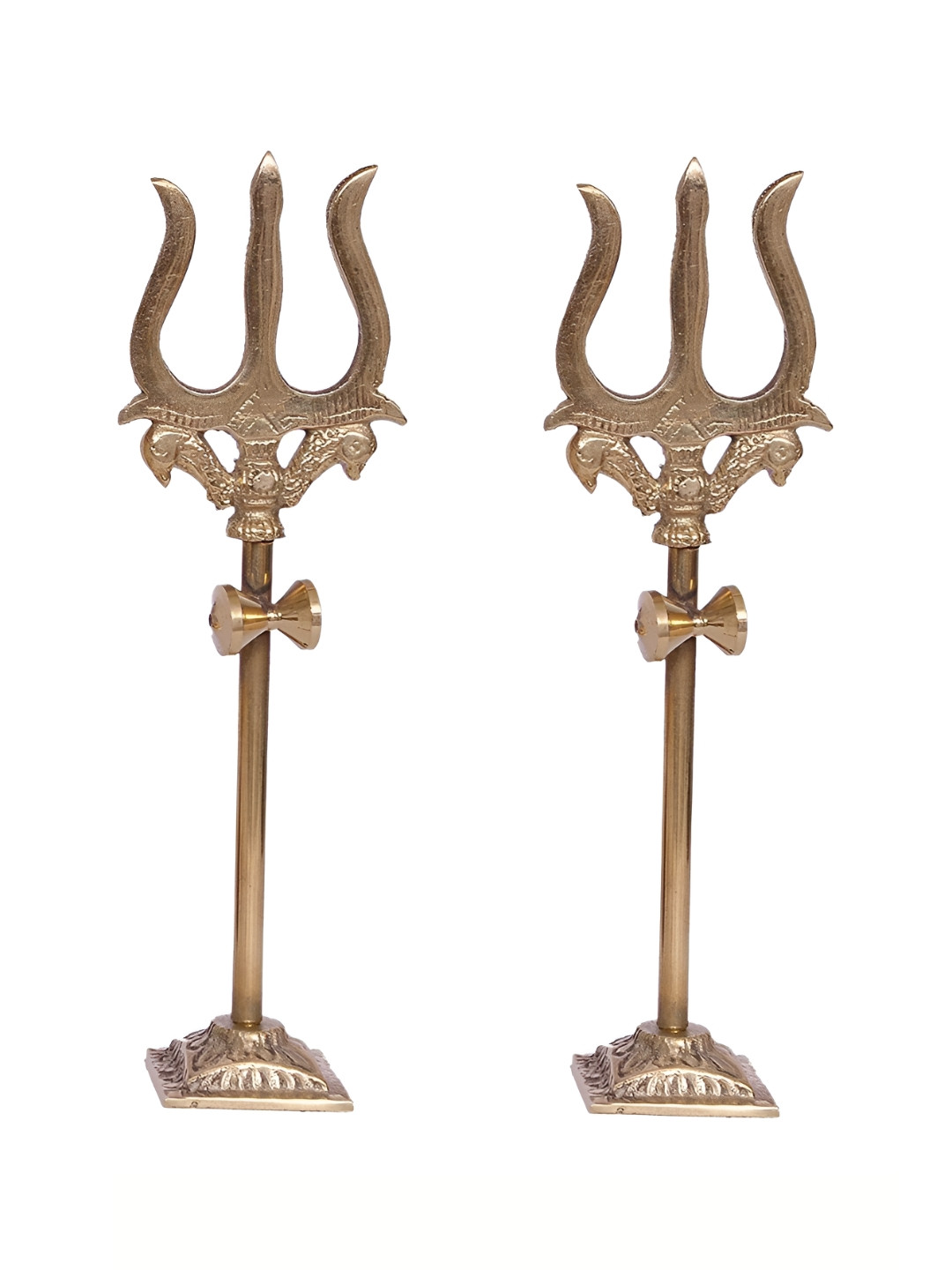 Navyaksh Shiv Trl Trident Damru with Stand Gold Brass Metallic Prayer Room Set of 2 Small Showpieces - 3.7 Inches
