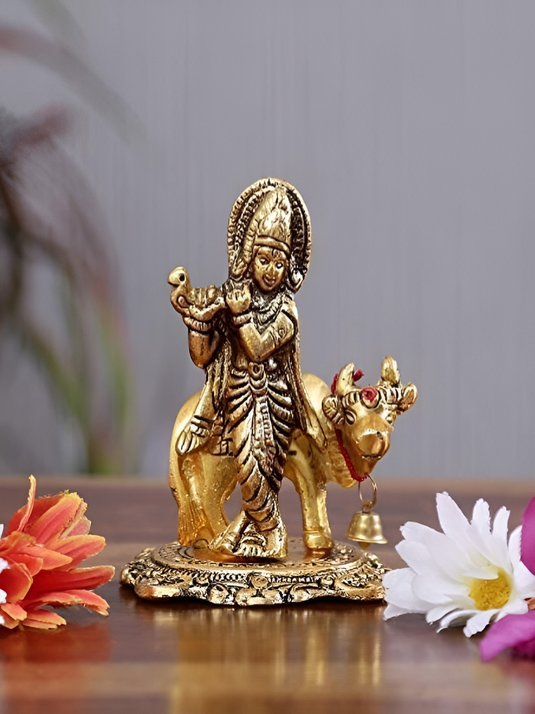 Navyaksh Krishna Ji with Kamdhenu Cow Gold Metal Metallic Prayer Room Tiny Showpiece - 3.1 Inches