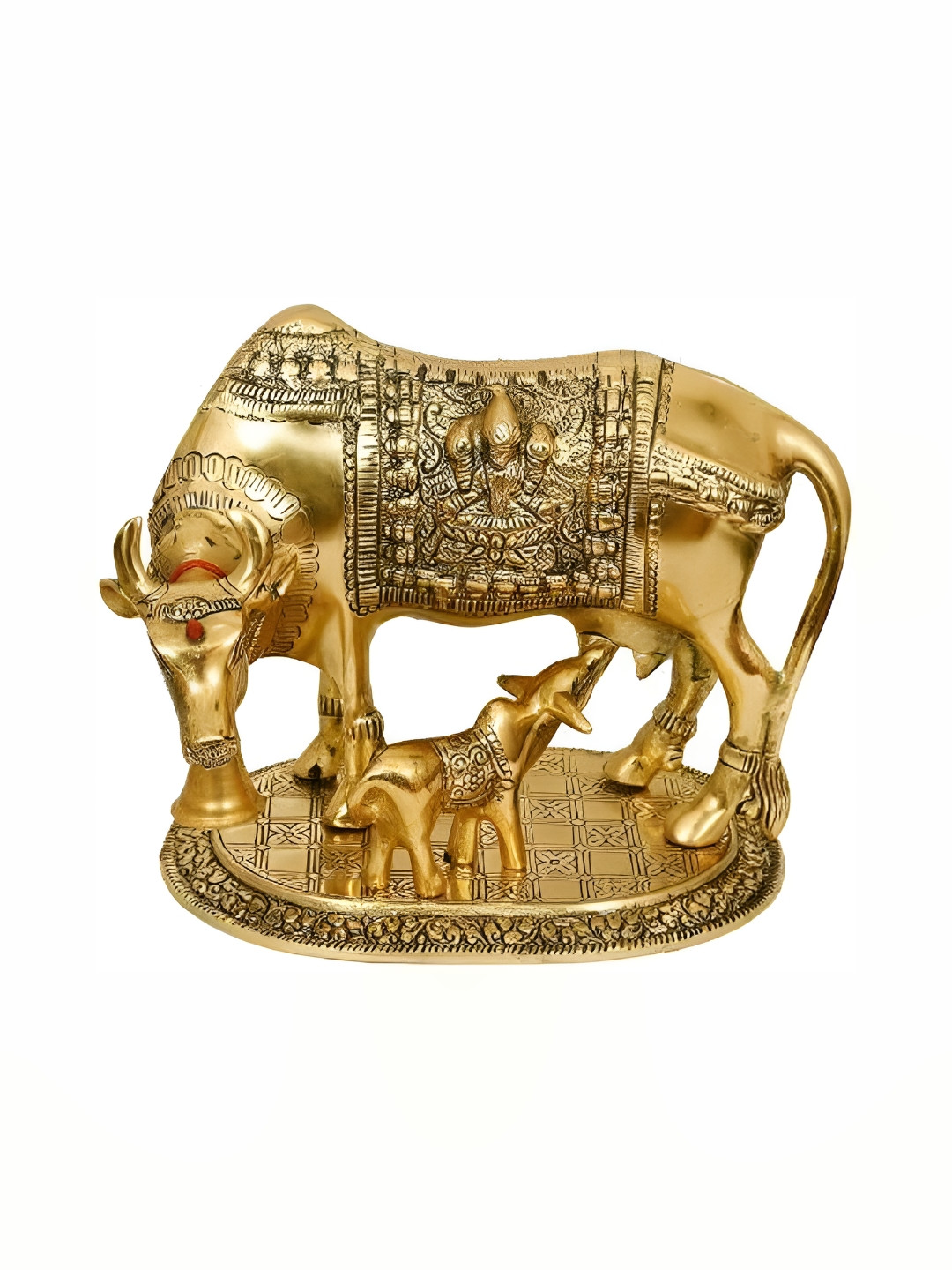 Navyaksh Kamdhenu Cow with Calf Gold Metal Metallic Prayer Room Small Showpiece - 3.1 Inches