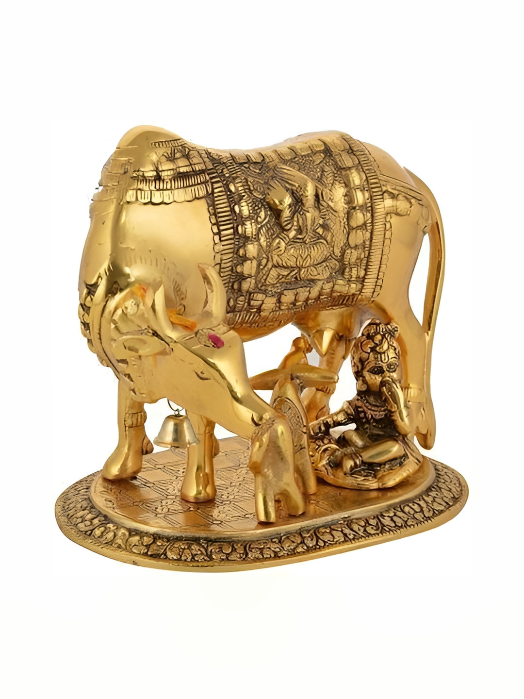 Navyaksh Kamdhenu Cow with Calf and Krishna Gold Brass Metallic Prayer Room Tiny Showpiece - 3.1 Inches
