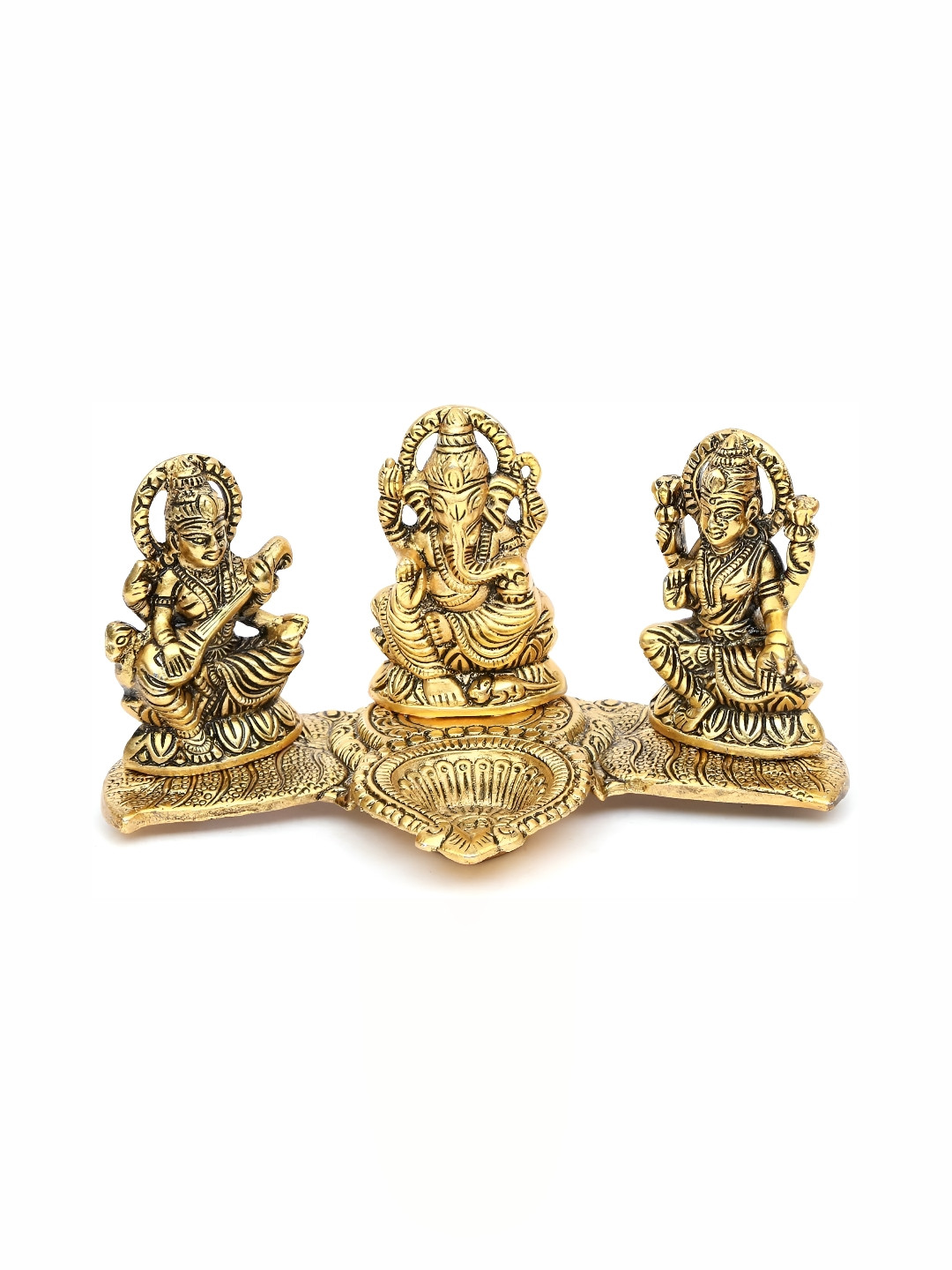Navyaksh Lakshmi Ganesh Saraswati Gold Brass Metallic Prayer Room Set of 2 Small Showpieces - 3.1 Inches