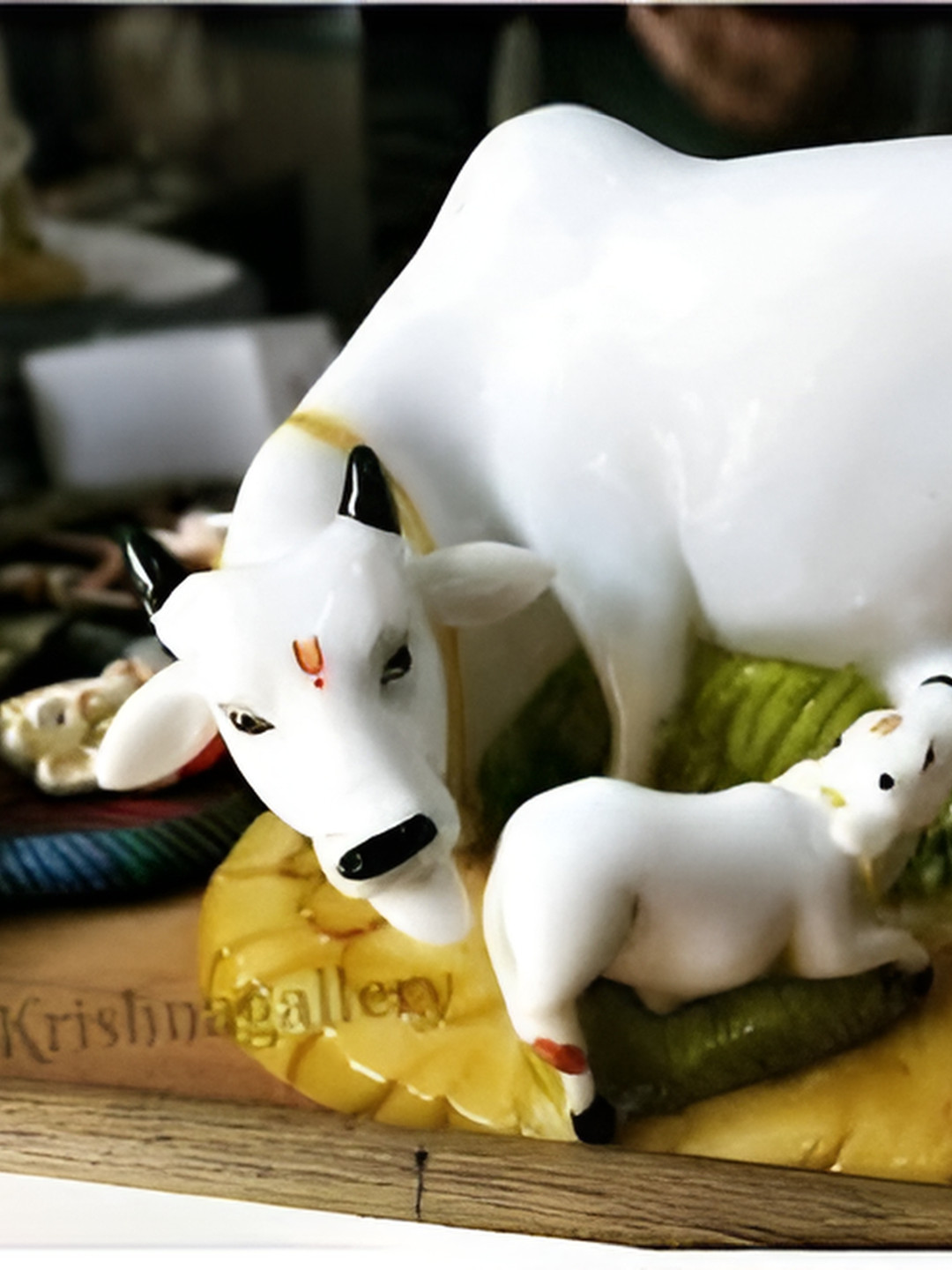 Navyaksh Cow and Calf White Marble Glossy Prayer Room Small Showpiece - 5.9 Inches