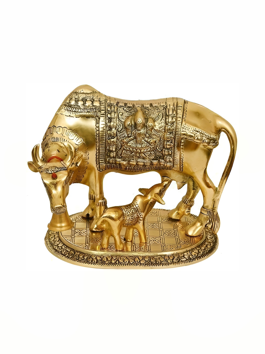 Navyaksh Kamdhenu Cow with Calf Gold Brass Metallic Prayer Room Hand Made Tiny Showpiece - 3.1 Inches