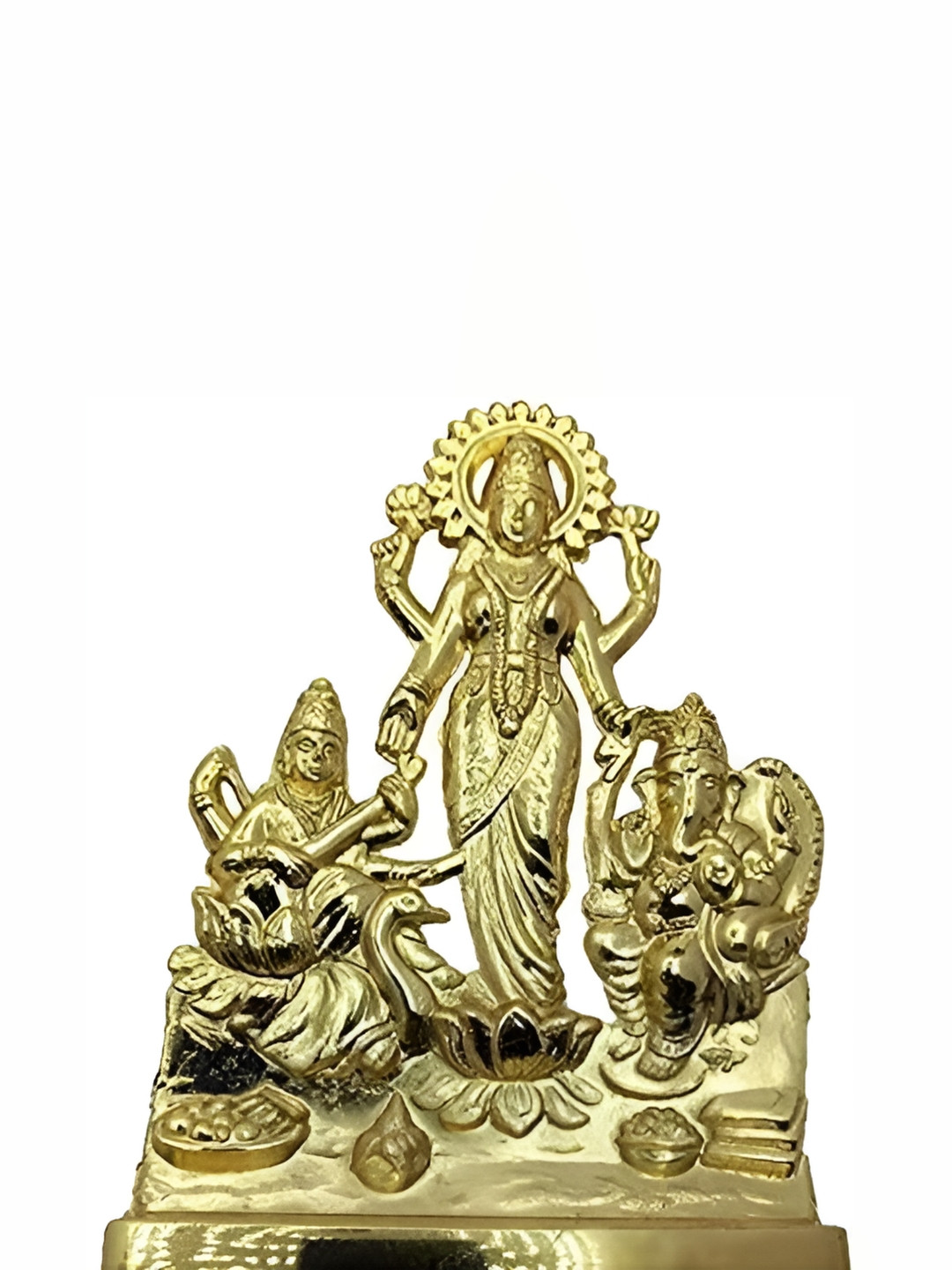 Navyaksh Lord Ganesh with Lakshmi Ji and Saraswati Ji Gold Brass Metallic Prayer Room Small Showpiece - 3.1 Inches