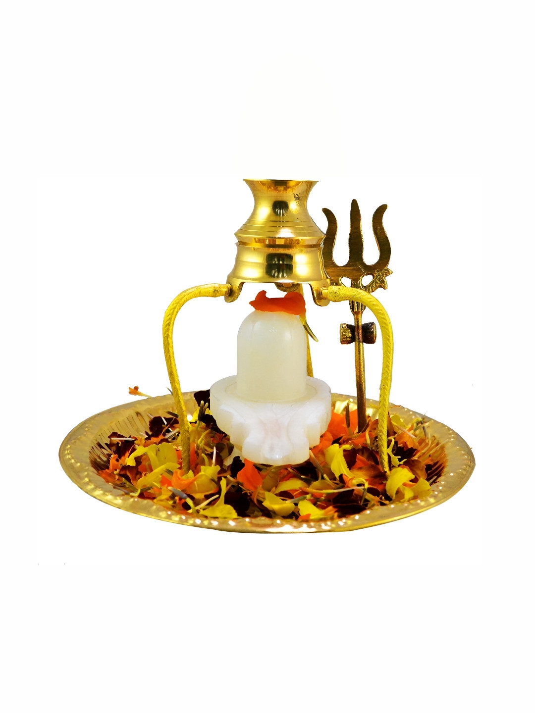 Navyaksh Jaldhari Shiva Lingam, Abhishek Patra with Trishul and Nag Gold Brass Metallic Prayer Room Set of 5 Tiny Showpieces - 3.1 Inches