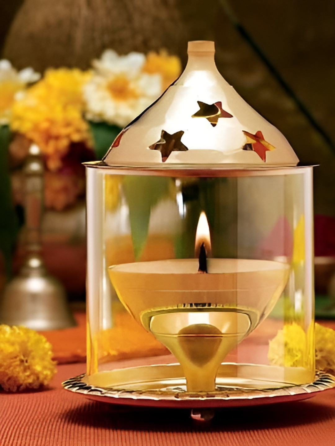 Navyaksh Akhand Diya Gold Brass Glossy Prayer Room Set of 3 Small Showpieces - 3.1 Inches