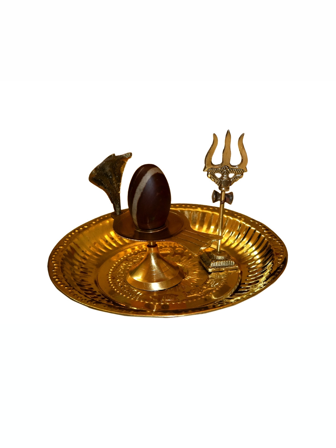 Navyaksh Jaldhari Shiva Lingam with Abhishek Patra,Trishul and Nag Black Brass Metallic Prayer Room Set of 4 Tiny Showpieces -