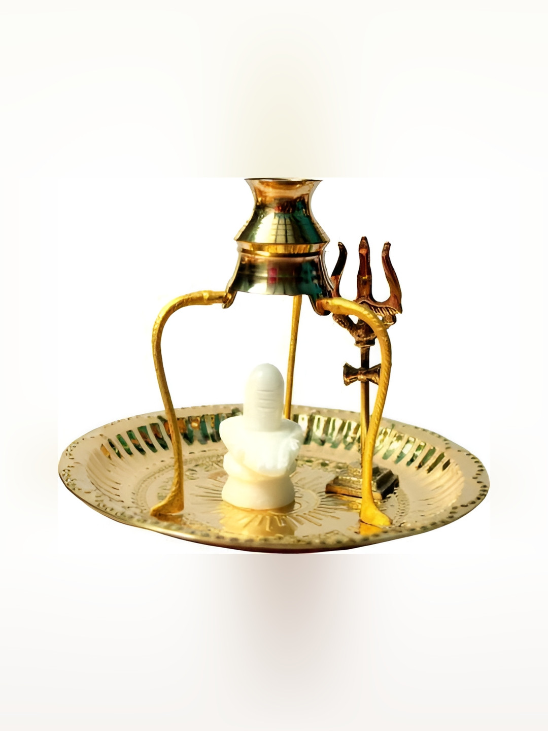 Navyaksh Shivling with Plate, Kalash with Trishul Gold Brass Metallic Prayer Room Set of 5 Small Showpieces - 3.1 Inches
