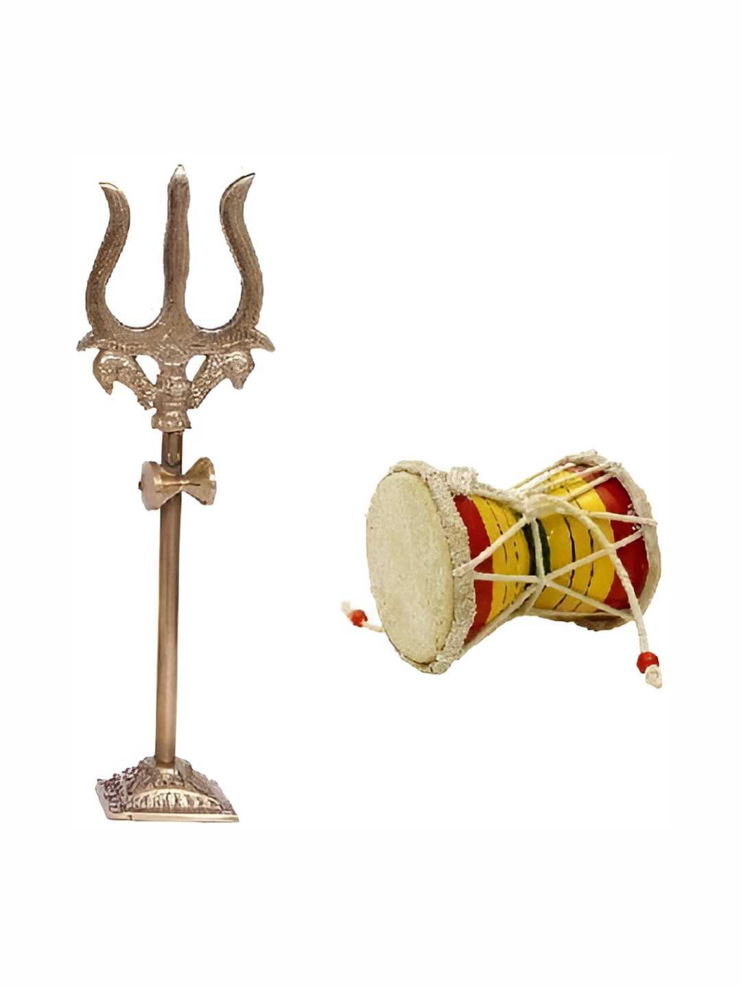 Navyaksh Trishul with Stand and Hand Hammered Gold Brass Metallic Prayer Room Set of 2 Small Showpieces - 3.7 Inches