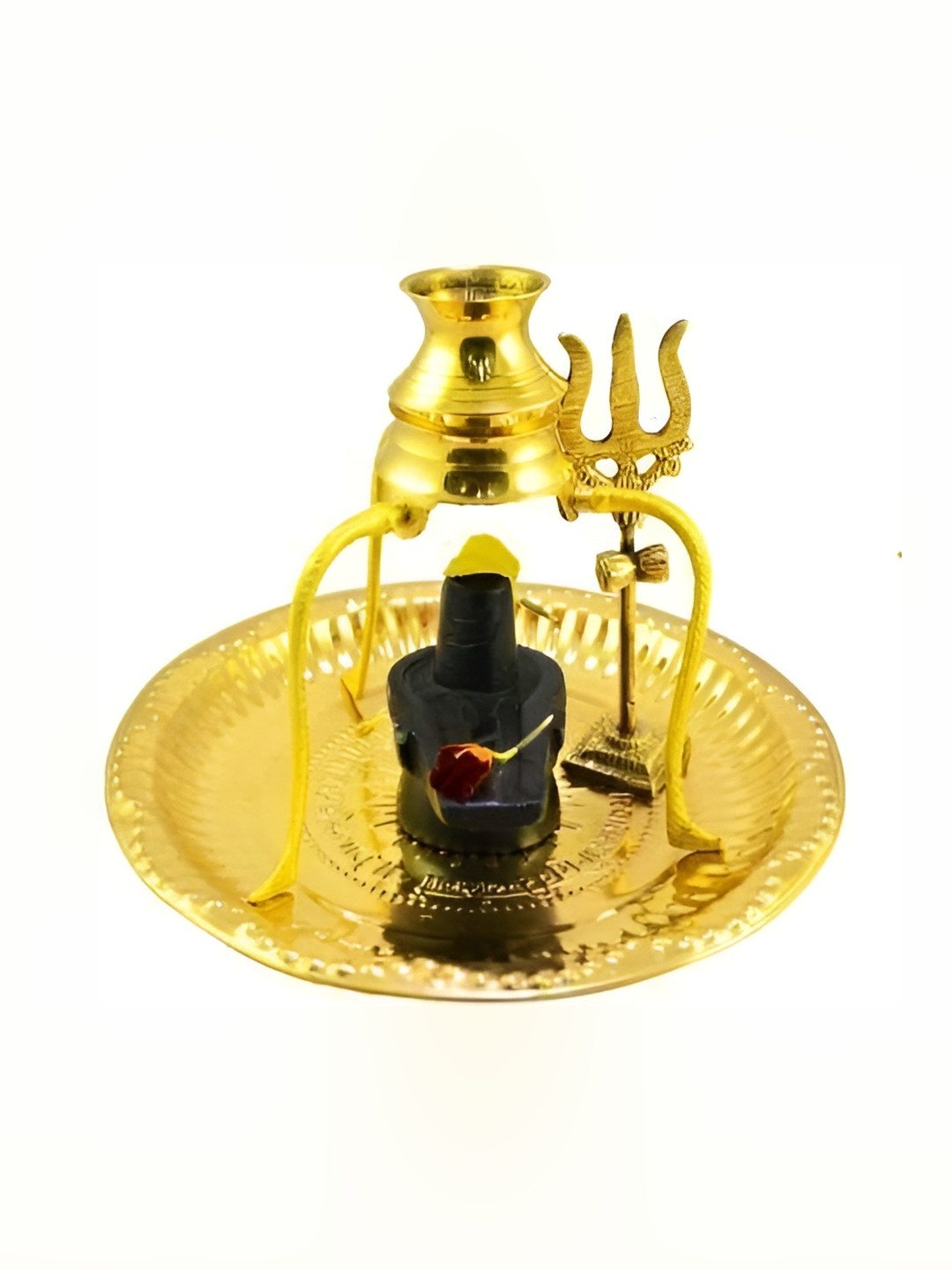 Navyaksh Shiv Ling with Plate and Kalash Stand Gold Brass Metallic Prayer Room Set of 5 Tiny Showpieces - 3.1 Inches