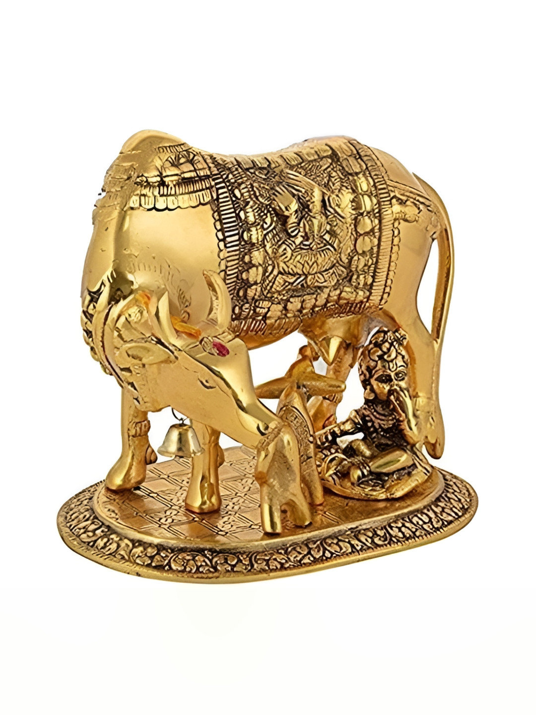 Navyaksh Kamdhenu Cow,Calf with Bal Gopal Krishna Gold Brass Metallic Prayer Room Tiny Showpiece - 3.1 Inches