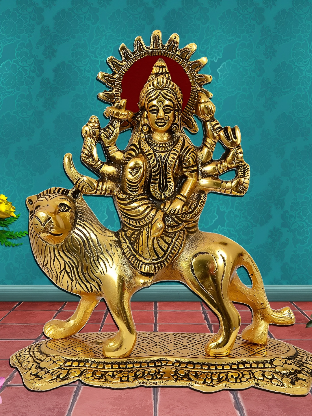 Navyaksh Maa Durga Gold Metal Glossy Prayer Room Small Showpiece - 3.1 Inches