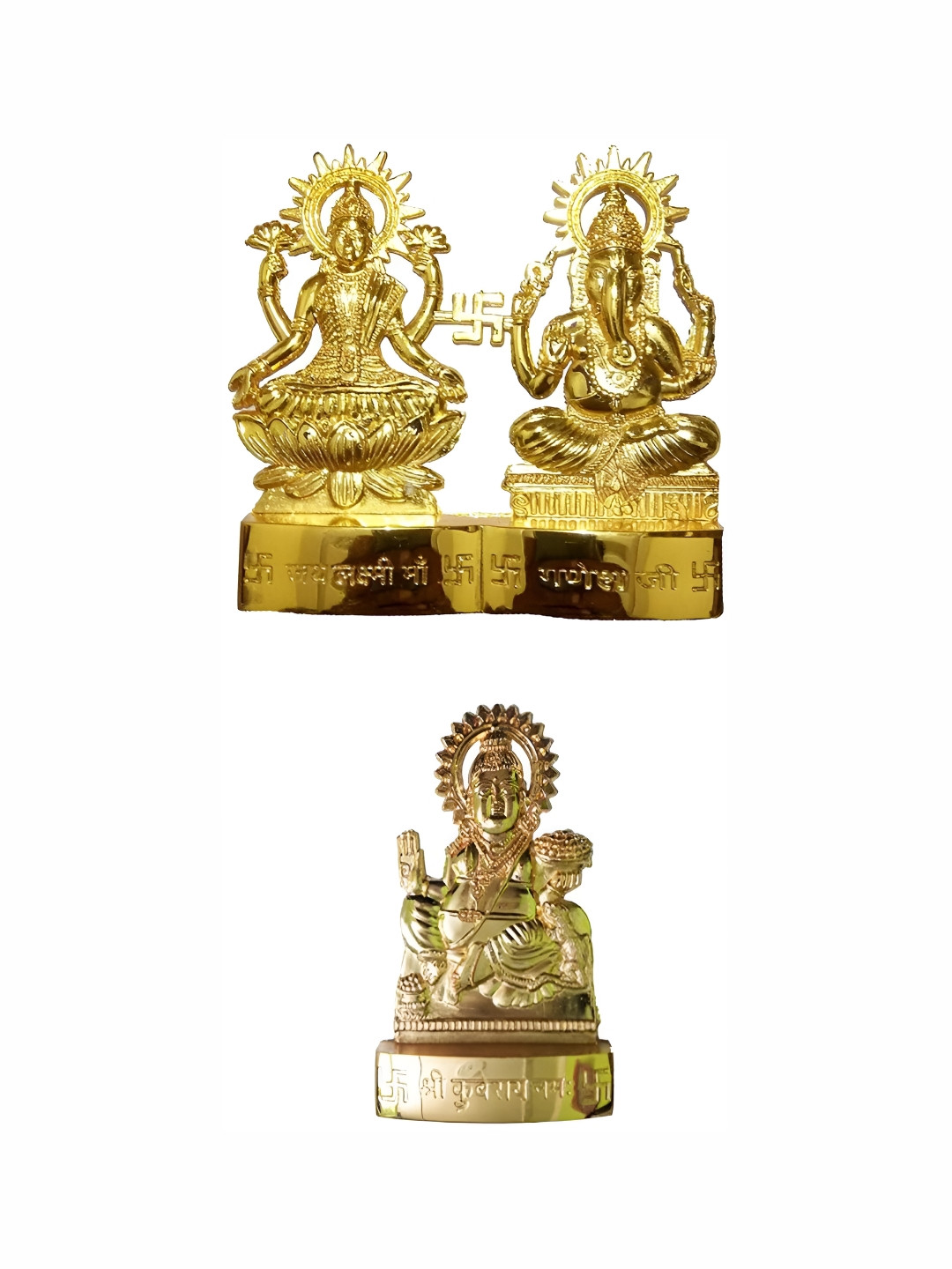 Navyaksh Laxmi Ganesh Ji with Kuber Maharaj Gold Metal Metallic Prayer Room Set of 2 Tiny Showpieces - 4.3 Inches