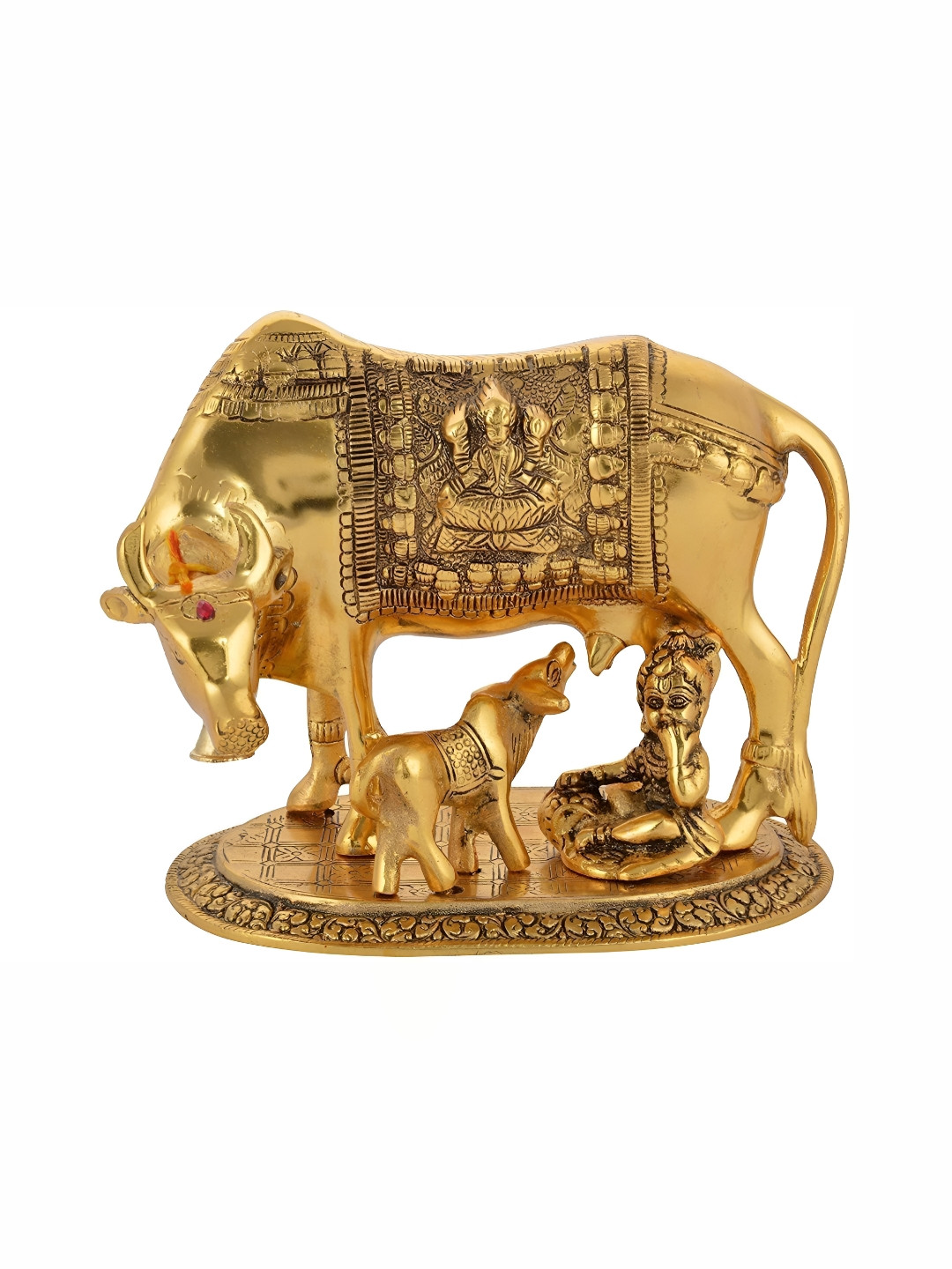 Navyaksh Kamdhenu Cow, Calf and Lord Krishna Gold Brass Metallic Home Office Small Showpiece - 3.1 Inches