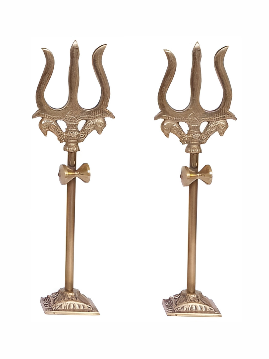 Navyaksh Trishul,Trident Damru with Stand Gold Brass Metallic Prayer Room Set of 2 Small Showpieces - 3.7 Inches
