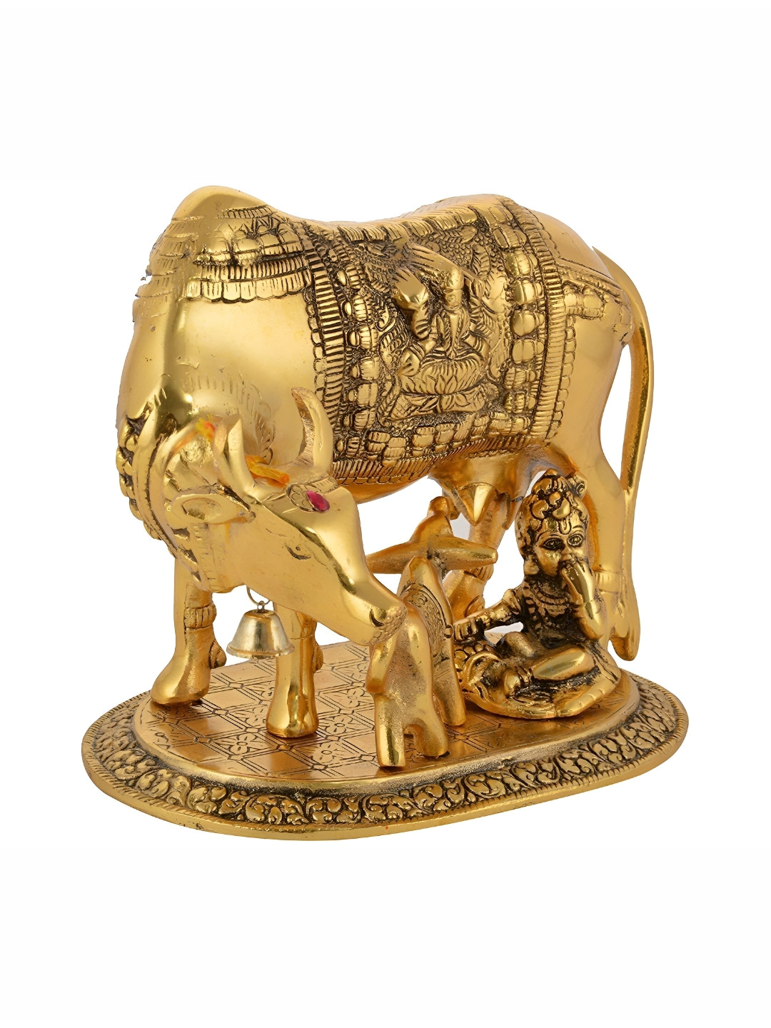 Navyaksh Kamdhenu Cow with Calf and Krishna Gold Brass Metallic Home Office Small Showpiece - 3.1 Inches