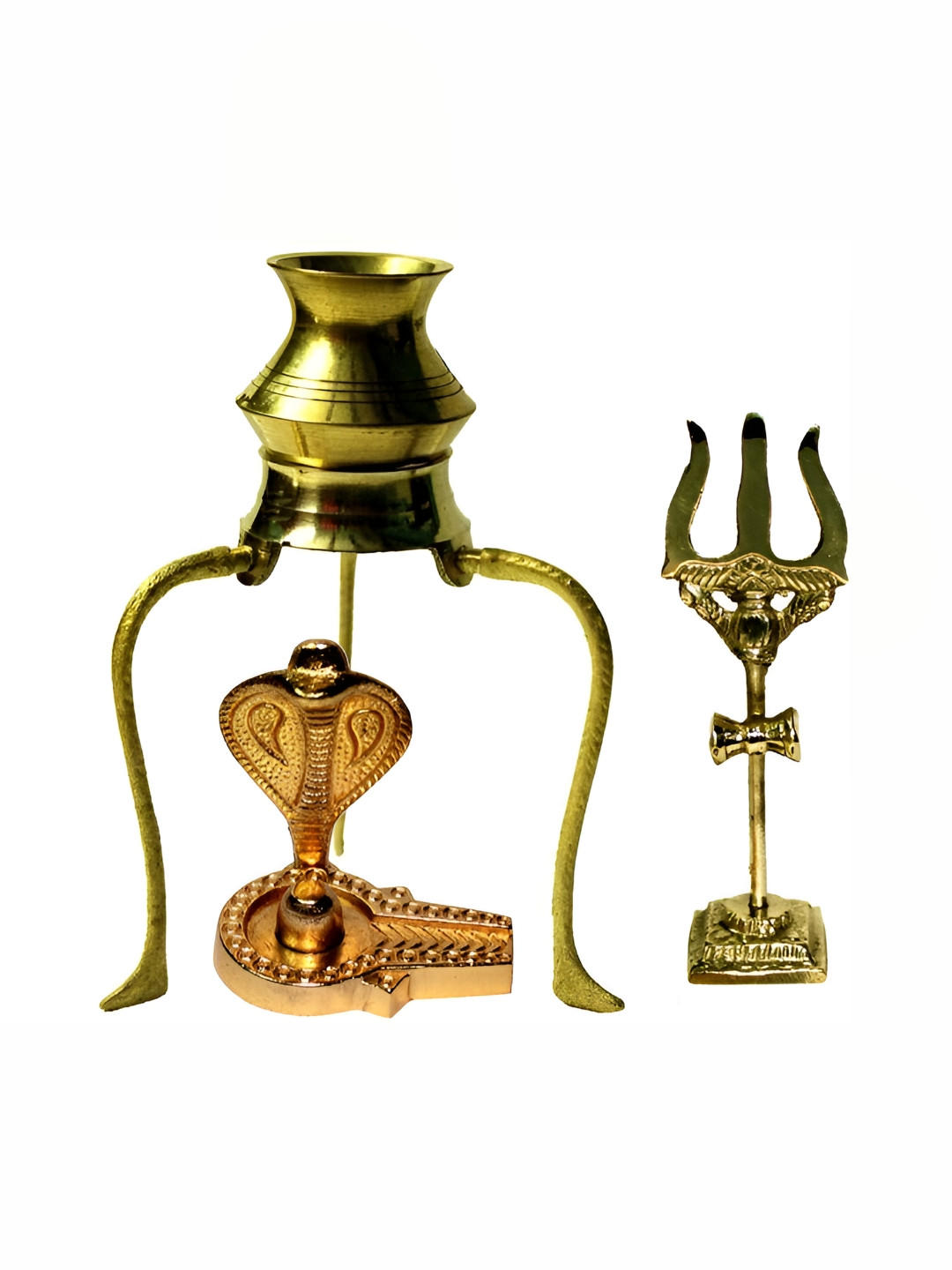 Navyaksh Shivling with Sheshnaag Or Tripai with Kalash Trishul Gold Brass Metallic Prayer Room Hand Made Set of 3 Small Showpieces - 4.7 Inches