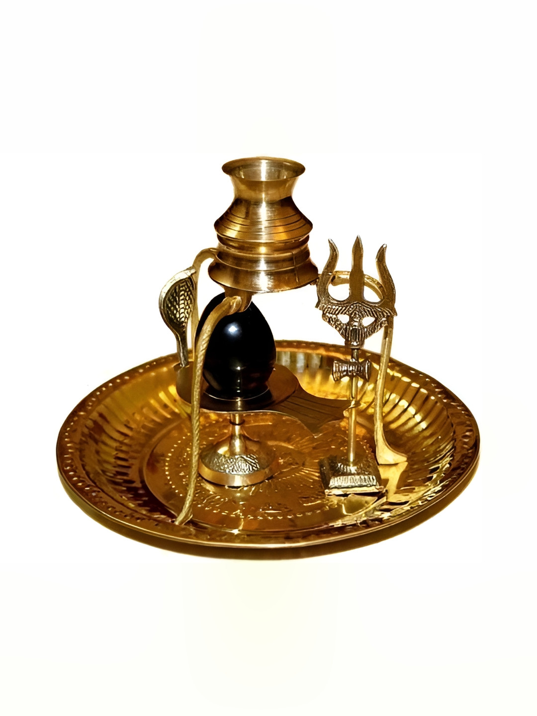 Navyaksh Shiva Ling with Trishul Lota Gold Brass Metallic Prayer Room Set of 4 Small Showpieces - 3.1 Inches