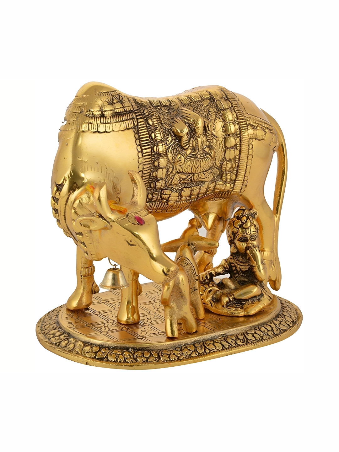Navyaksh Kamdhenu Cow,Calf with Bal Gopal Gold Brass Metallic Prayer Room Small Showpiece - 3.1 Inches