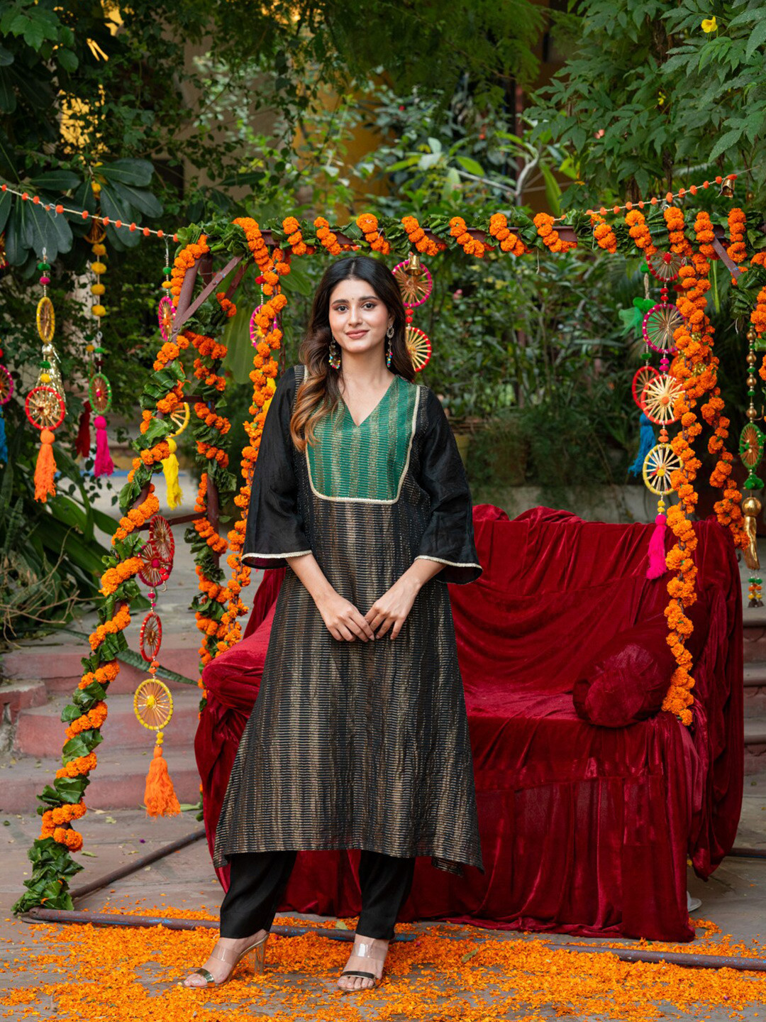 Ambraee Textured V-Neck Gotta Patti Bell Sleeves Chanderi Silk Ethnic Kurta With Trousers