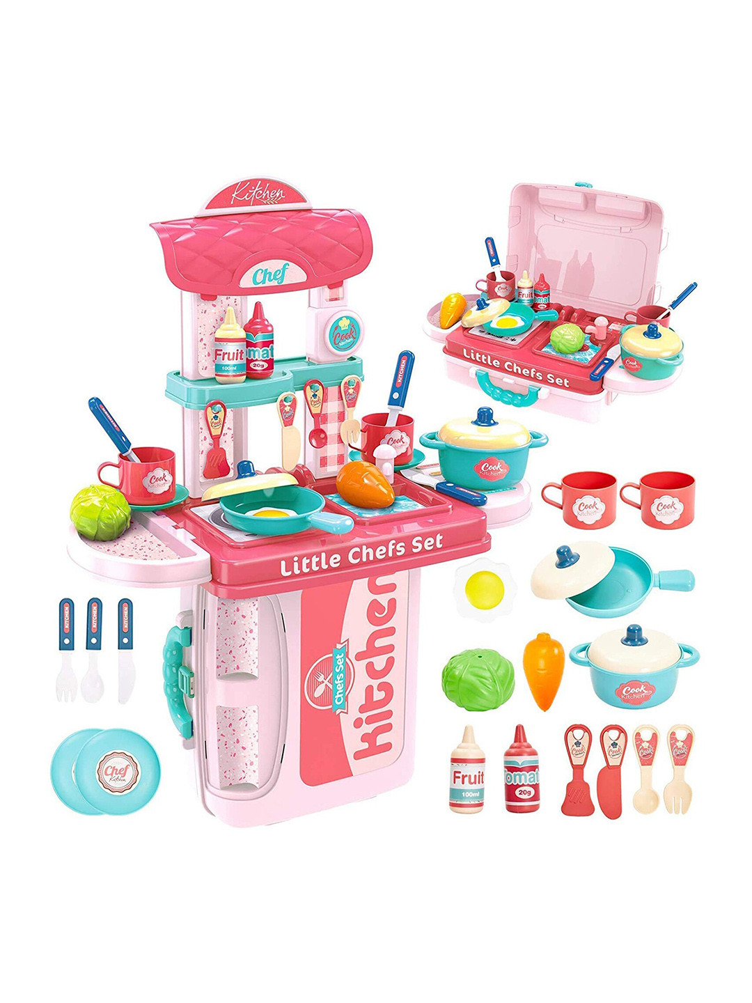 OPINA Kids Pink & Blue 3 in 1 Portable Little Chef Kitchen Play Set