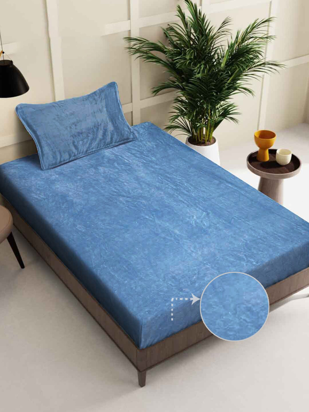 FABINALIV Blue Solid Wool 300 TC Single Fine Bedsheet with a Pillow Cover- 225 x 150 cm