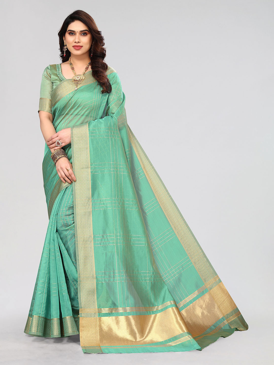 Vivostav Designer Checked Zari Banarasi Saree
